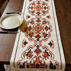 Vintage Hand Embroidered Table Runner Orange Brown Cross Stitch Geometric Linen